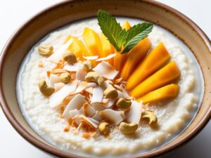 Zblizenie na kremowa owsianke kokosowa w miseczce ozdobiona kawalkami soczystego mango posypana wiorkami kokosowymi i chrupiacymi orzechami nerkowca z listkami miety na wierzchu Owsianka kokosowa z mango i orzechami