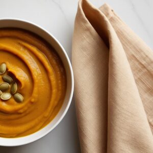 Zblizenie na lyzke z gladka kremowa zupa z widocznymi pestkami dyni obok stylowej serwetki Zblizenie na lyzke z gladka kremowa zupa z widocznymi pestkami dyni obok stylowej serwetki