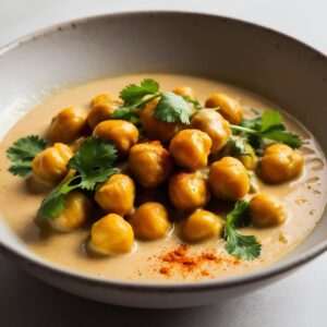 Zblizenie na miske curry z ciecierzyca widoczne kawalki ciecierzycy i kremowy sos kokosowy posypane swieza kolendra i szczypta papryki. Zblizenie na miske curry z ciecierzyca widoczne kawalki ciecierzycy i kremowy sos kokosowy posypane swieza kolendra i szczypta papryki.