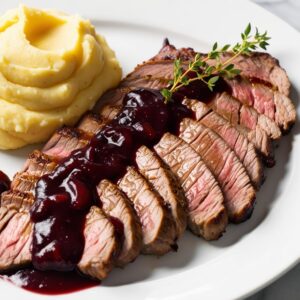 Zblizenie na plastry poledwiczek z polyskujacym sosem sliwkowym obok kremowe puree ziemniaczane i swieze tymiankowe listki realistyczne detale zywe kolory.