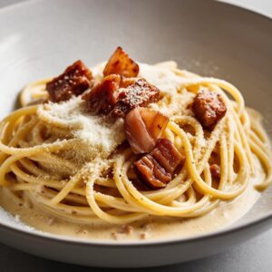Zblizenie na porcje spaghetti carbonara z widocznymi kawalkami guanciale oraz startym serem Pecorino Romano. Zblizenie na porcje spaghetti carbonara z widocznymi kawalkami guanciale oraz startym serem Pecorino Romano.
