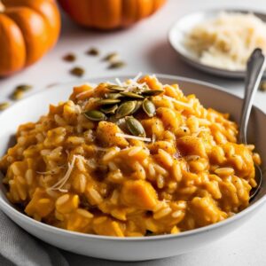 Zblizenie na risotto z dynia ziarenka ryzu idealnie oblepione aksamitnym sosem w tle delikatnie rozmyte dodatki. 1 risotto z dynią