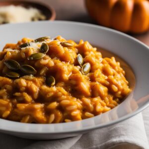 Zblizenie na risotto z dynia ziarenka ryzu idealnie oblepione aksamitnym sosem w tle delikatnie rozmyte dodatki. risotto z dynią