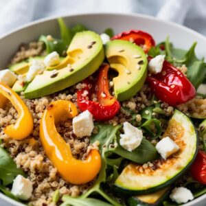 Zblizenie na salatke widoczne ziarna quinoa plasterki awokado kawalki pieczonej papryki i cukinii posypane serem feta i swiezymi nasionami tlo rozmyte Zblizenie na salatke widoczne ziarna quinoa plasterki awokado kawalki pieczonej papryki i cukinii posypane serem feta i swiezymi nasionami tlo rozmyte
