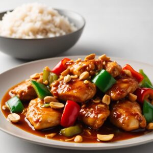 Zblizenie na talerz pelen kurczaka Gong Bao z kawalkami papryki i orzeszkami ziemnymi polanego aromatycznym sosem w tle miska ryzu jasminowego