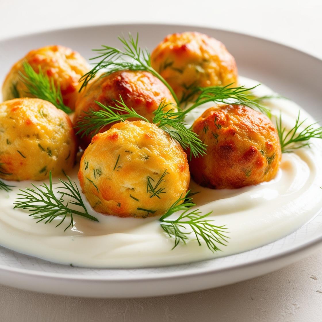 Zblizenie na talerz z pieczonymi kulkami serowymi udekorowanymi swiezym koperkiem i podawanymi z jogurtowym sosem na jasnym tle 2