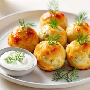 Zblizenie na talerz z pieczonymi kulkami serowymi udekorowanymi swiezym koperkiem i podawanymi z jogurtowym sosem na jasnym tle