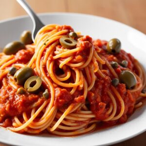 Zblizenie na widelec pelen spaghetti puttanesca czyli z pomidorowym sosem i pokrojonymi oliwkami w sosie oblepionego gestym pomidorowym sosem z kaparami i oliwkami realistyczna tekstura. 1 Zblizenie na widelec pelen spaghetti puttanesca czyli z pomidorowym sosem i pokrojonymi oliwkami w sosie oblepionego gestym pomidorowym sosem z kaparami i oliwkami realistyczna tekstura. 1