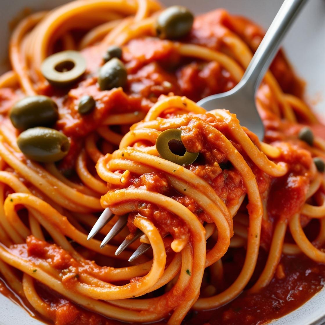 Zblizenie na widelec pelen spaghetti puttanesca czyli z pomidorowym sosem i pokrojonymi oliwkami w sosie oblepionego gestym pomidorowym sosem z kaparami i oliwkami realistyczna tekstura. 2