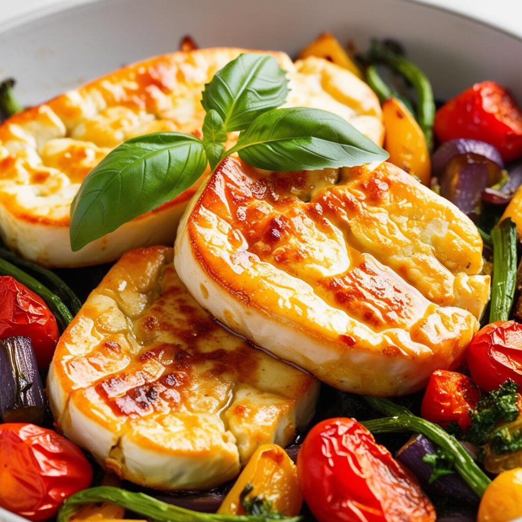 Zblizenie na zapieczony halloumi na warzywach lekko roztopiony ser z chrupiaca skorupka udekorowany swieza bazylia. 1 1