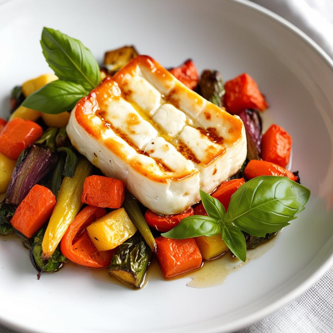 Zblizenie na zapieczony halloumi na warzywach lekko roztopiony ser z chrupiaca skorupka udekorowany swieza bazylia.