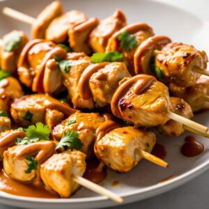 Zblizenie kurczaki Satay na patyczkach polane sosem orzechowym delikatnie posypane kolendra widoczne zlociste przyprawy cieple swiatlo. 1