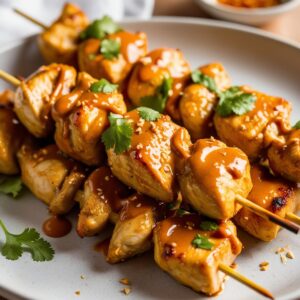 Zblizenie kurczaki Satay na patyczkach polane sosem orzechowym delikatnie posypane kolendra widoczne zlociste przyprawy cieple swiatlo.