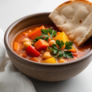 Zblizenie miska z gesta zupa widoczne kawalki marchewki ciecierzycy i papryki delikatnie udekorowana natka pietruszki obok chleb pita. 1 1 Zblizenie miska z gesta zupa widoczne kawalki marchewki ciecierzycy i papryki delikatnie udekorowana natka pietruszki obok chleb pita. 1 1