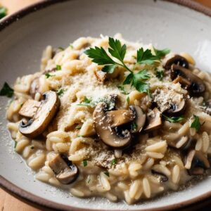 Zblizenie miska z kremowym risotto z grzybami widoczne kawalki grzybow tekstura ryzu i parmezanu delikatna dekoracja natka pietruszki cieple swiatlo. 1