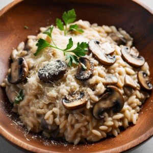 Zblizenie miska z kremowym risotto z grzybami widoczne kawalki grzybow tekstura ryzu i parmezanu delikatna dekoracja natka pietruszki cieple swiatlo.