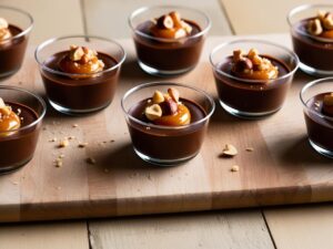 Zdjecie kilku porcji musu czekoladowego w przezroczystych mini pucharkach ustawionych w rzedzie na drewnianej desce. Kazdy pucharek ozdobiony chrupiacymi orzechami i blyszczacym solonym karmelem 1 Zdjecie kilku porcji musu czekoladowego w przezroczystych mini pucharkach ustawionych w rzedzie na drewnianej desce. Kazdy pucharek ozdobiony chrupiacymi orzechami i blyszczacym solonym karmelem 1