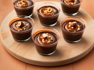 Zdjecie kilku porcji musu czekoladowego w przezroczystych mini pucharkach ustawionych w rzedzie na drewnianej desce. Kazdy pucharek ozdobiony chrupiacymi orzechami i blyszczacym solonym karmelem 2 Zdjecie kilku porcji musu czekoladowego w przezroczystych mini pucharkach ustawionych w rzedzie na drewnianej desce. Kazdy pucharek ozdobiony chrupiacymi orzechami i blyszczacym solonym karmelem 2