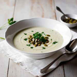 Zupa krem z bialych warzyw w eleganckiej misce udekorowana swieza natka pietruszki z prazonymi pestkami dyni na wierzchu w tle drewniany stol i lyzka kremowej zupy Zupa krem z bialych warzyw w eleganckiej misce udekorowana swieza natka pietruszki z prazonymi pestkami dyni na wierzchu w tle drewniany stol i lyzka kremowej zupy