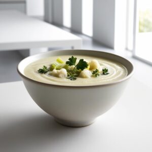 Zupa krem z pora kalafiora i selera podana w jasnej filizance z widoczna tekstura kremu udekorowana natka pietruszki i tymiankiem na stole w nowoczesnym wnetrzu. 1 1 Zupa krem z pora kalafiora i selera podana w jasnej filizance z widoczna tekstura kremu udekorowana natka pietruszki i tymiankiem na stole w nowoczesnym wnetrzu. 1 1
