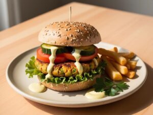 burger z ciecierzycy na talerzu burgery z ciecierzycy