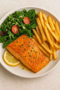 losos w glazurze miodowo cytrynowej z frytkami Łosoś w glazurze miodowo-cytrynowej