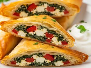 pierozki z filo z warzywami i feta przekrojone pierożki z ciasta filo z warzywami i feta