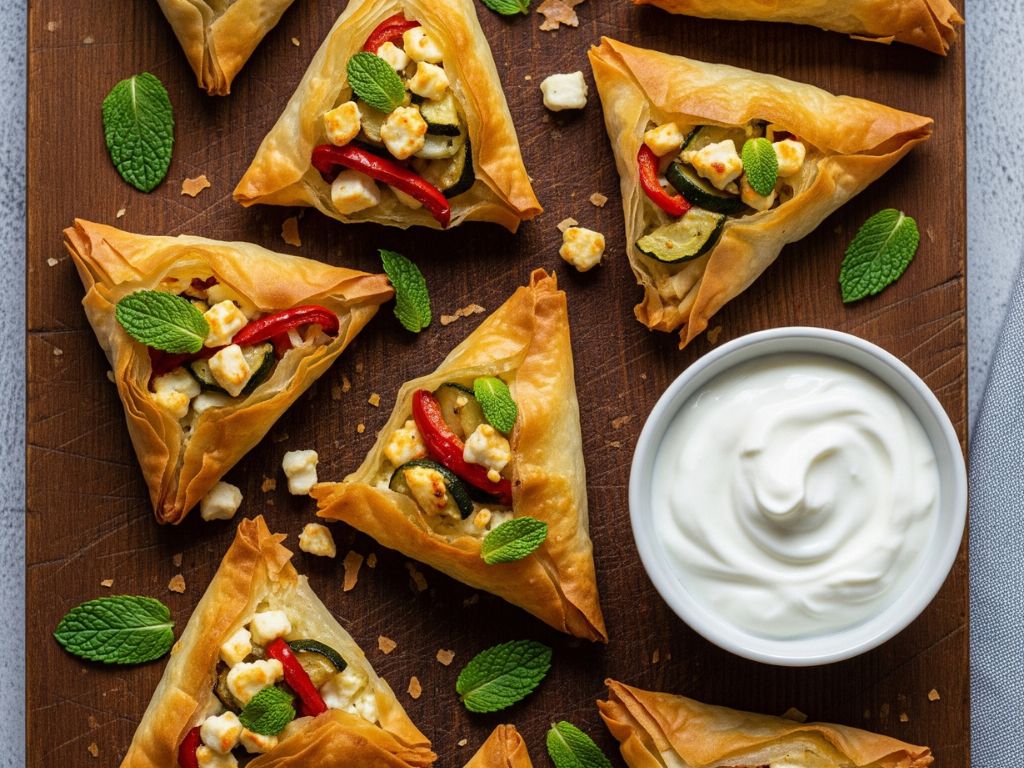 pierożki z ciasta filo z warzywami i feta