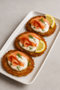 placki ziemniaczane z lososiem i chrzanem placki ziemniaczane z łososiem