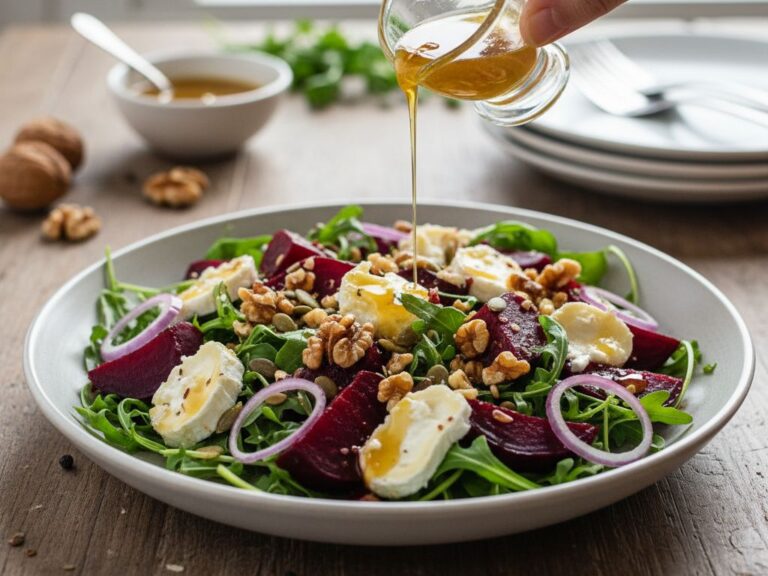 sałatka z pieczonym burakiem, rukolą i serem kozim