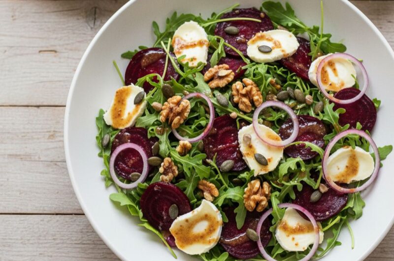Sałatka z pieczonym burakiem, rukolą i serem kozim