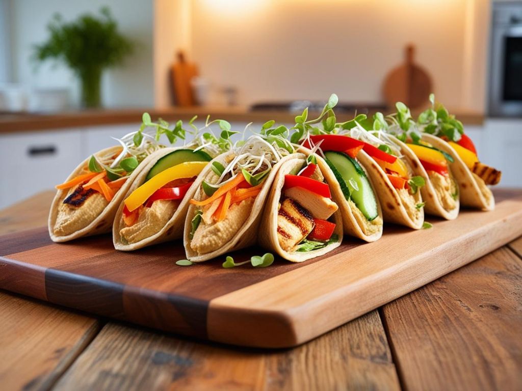 4 12 Mini tortille z hummusem, warzywami i grillowanym kurczakiem