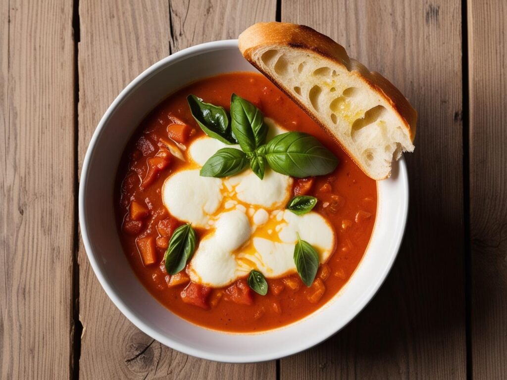 A bowl of creamy roasted tomato soup topped with melting mozzarella and fresh basil served with crispy garlic bread on a rustic wooden table
