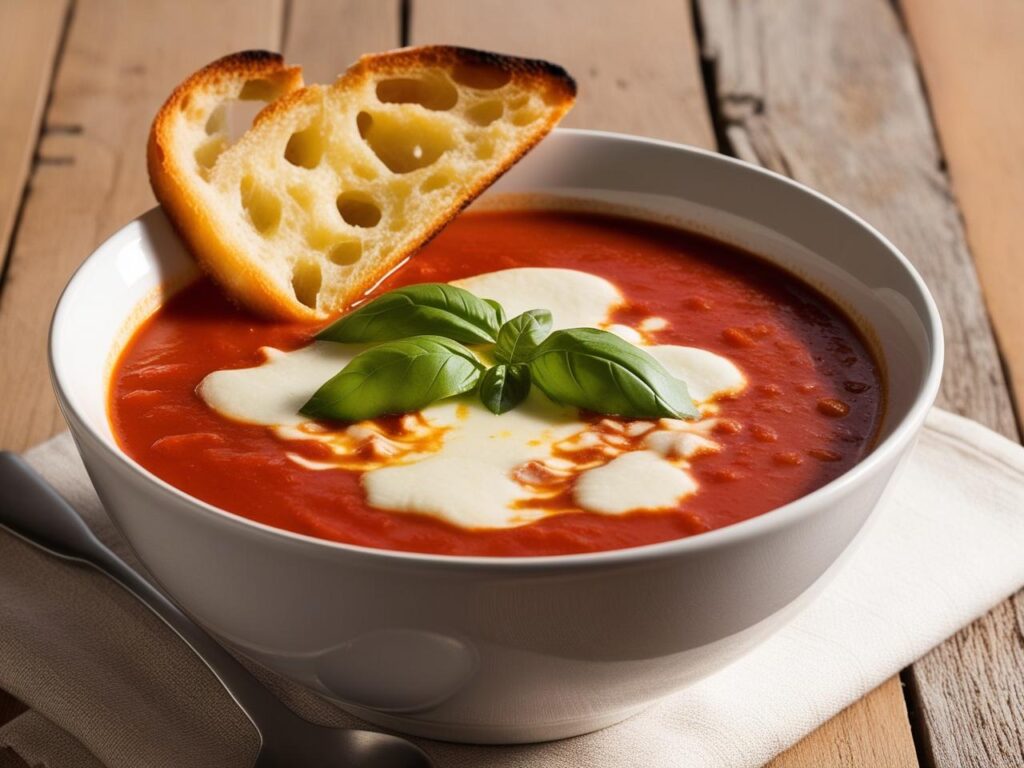A bowl of creamy roasted tomato soup topped with melting mozzarella and fresh basil served with crispy garlic bread on a rustic wooden table. 1