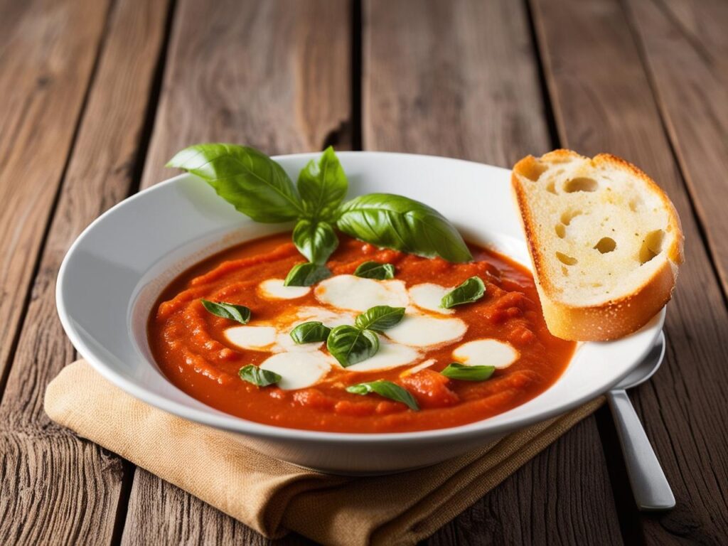 A bowl of creamy roasted tomato soup topped with melting mozzarella and fresh basil served with crispy garlic bread on a rustic wooden table. 2
