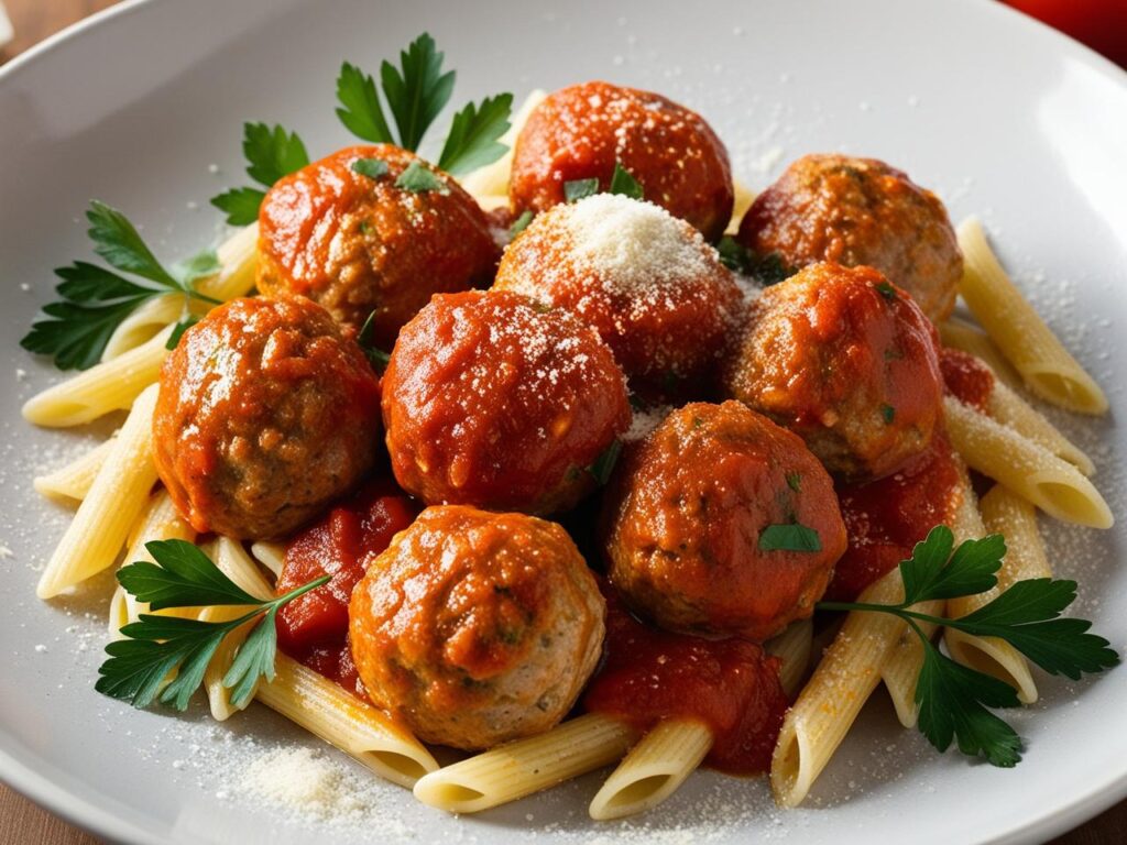 A plate of turkey meatballs served over al dente pasta coated in a silky red pepper tomato sauce garnished with fresh parsley and grated Parmesan. pulpety z indyka