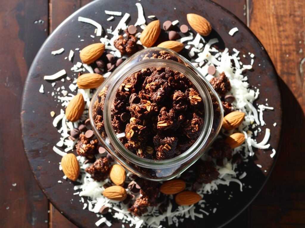 A top down view of a jar filled with chocolate granola surrounded by scattered nuts and coconut flakes on a rustic wooden table