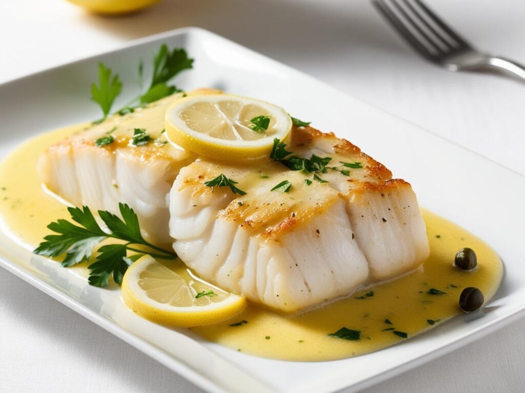 Bliski kadr pieczonego dorsza na eleganckim talerzu polewanego zlocistym maslem cytrynowym z widocznymi ziolami i plasterkami cytryny na wierzchu 2