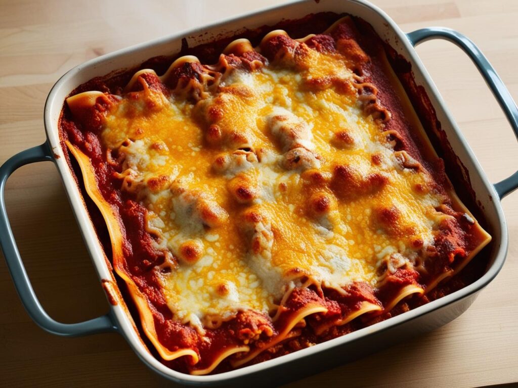 Cala lasagne w naczyniu zaroodpornym swiezo wyjeta z piekarnika z chrupiaca zlocista warstwa sera na wierzchu lekko parujaca