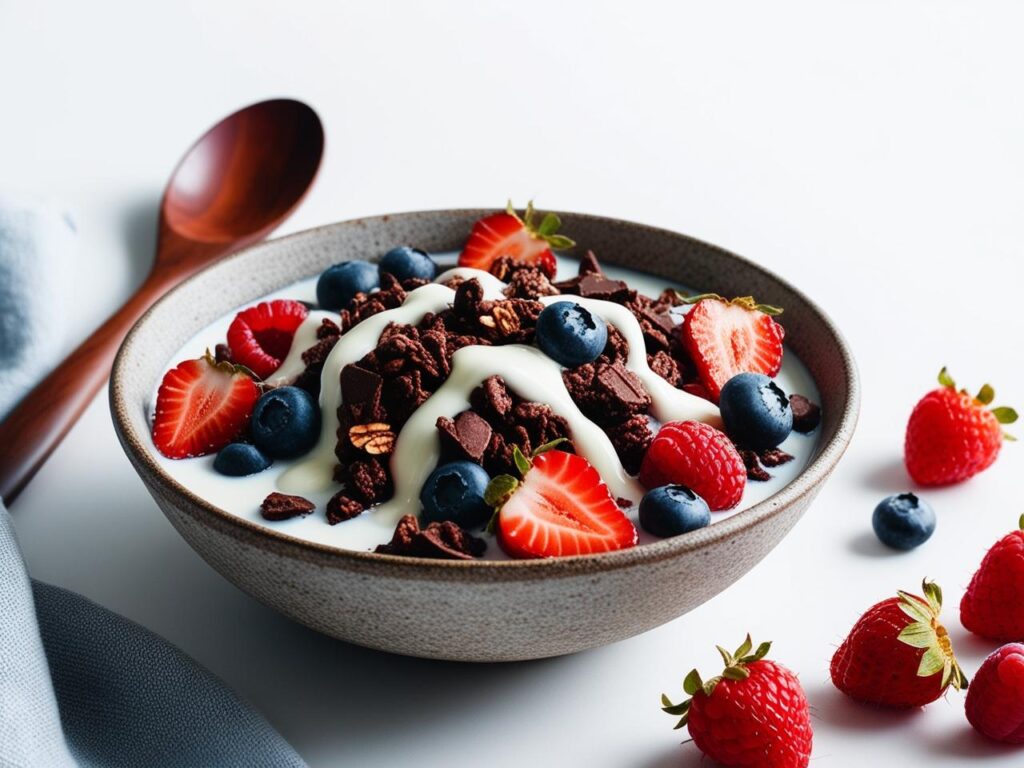 Chocolate granola served in a bowl with milk and fresh berries spoon placed to the side