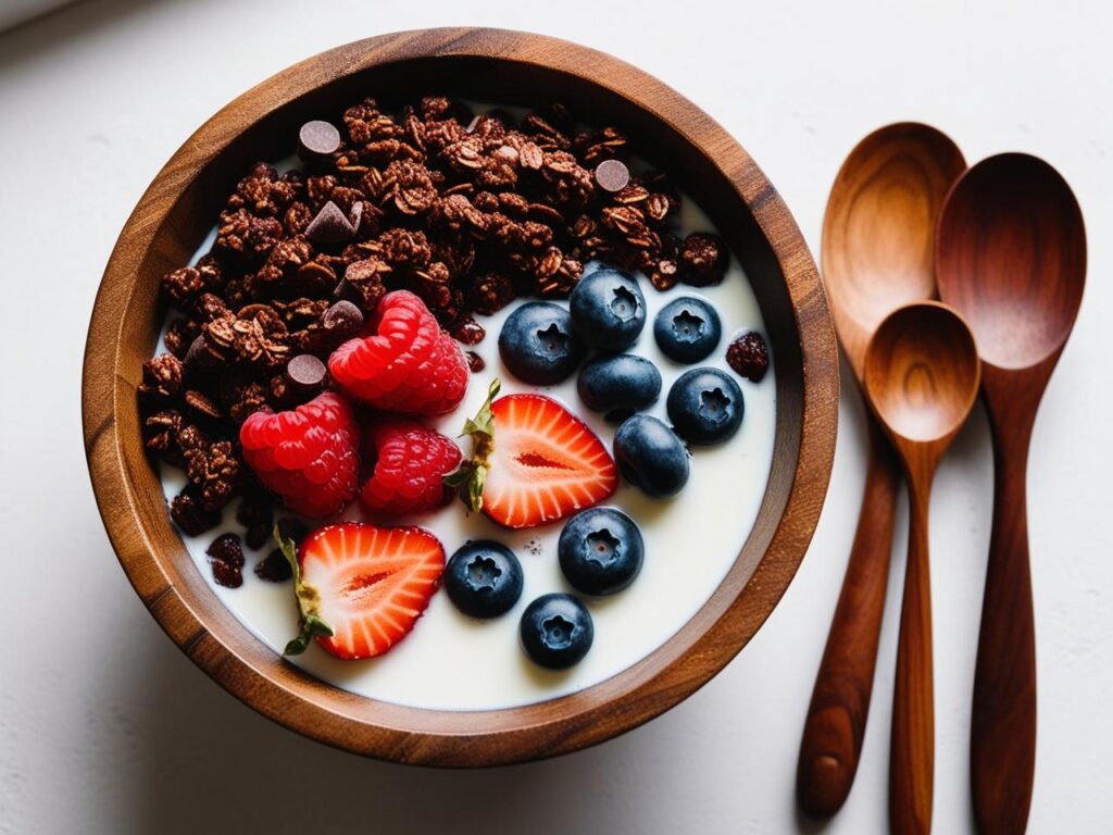 Chocolate granola served in a bowl with milk and fresh berries spoon placed to the side. 2 1