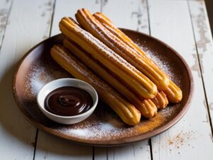 Churros na drewnianym talerzu posypane cukrem i cynamonem obok miseczka z gestym sosem czekoladowym calosc podana na rustykalnym stole. 1