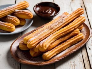 Churros na drewnianym talerzu posypane cukrem i cynamonem obok miseczka z gestym sosem czekoladowym calosc podana na rustykalnym stole. 2