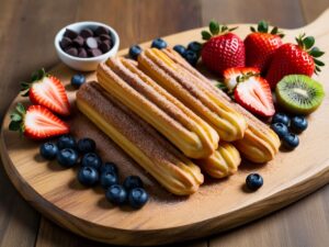 Churros podane na desce do serwowania obok swiezych owocow i kawalkow czekolady idealne do dzielenia sie 1