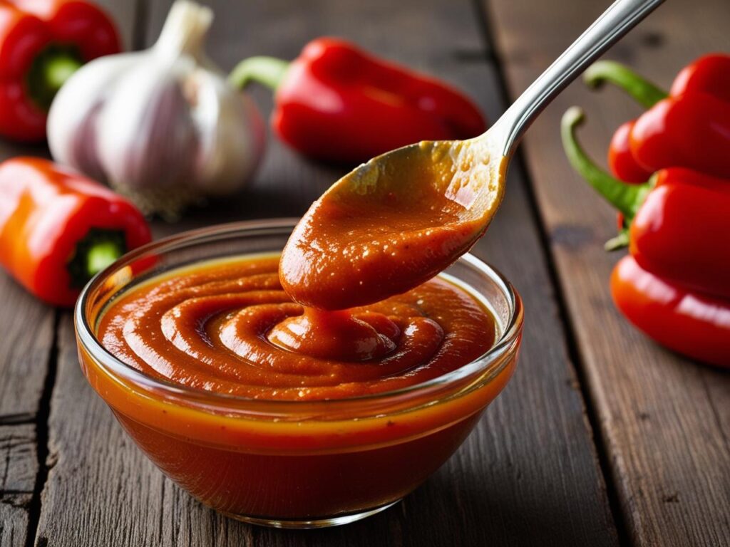 Close up of a spoon dipping into a smooth glossy roasted red pepper sauce with hints of garlic and olive oil placed on a rustic wooden table with fresh red peppers in the background. Close up of a spoon dipping into a smooth glossy roasted red pepper sauce with hints of garlic and olive oil placed on a rustic wooden table with fresh red peppers in the background.