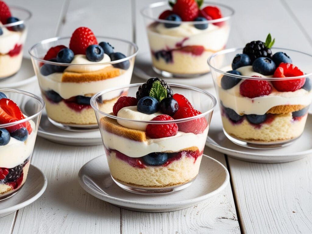 Deser tiramisu w przezroczystych pucharkach z warstwami biszkoptow kremu mascarpone i owocami lesnymi podany na drewnianym stole