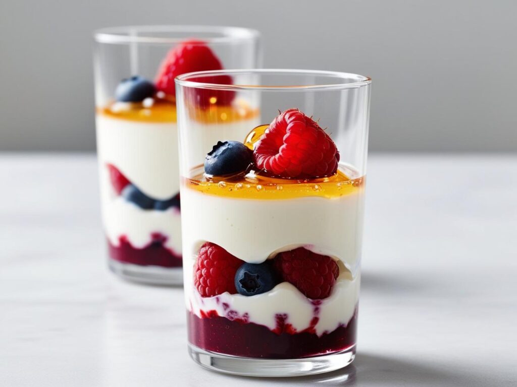 Deser w szklance Zblizenie na deser w przezroczystym pucharku z warstwami bialego jogurtu intensywnie kolorowych owocow lesnych i zlocistego miodu.