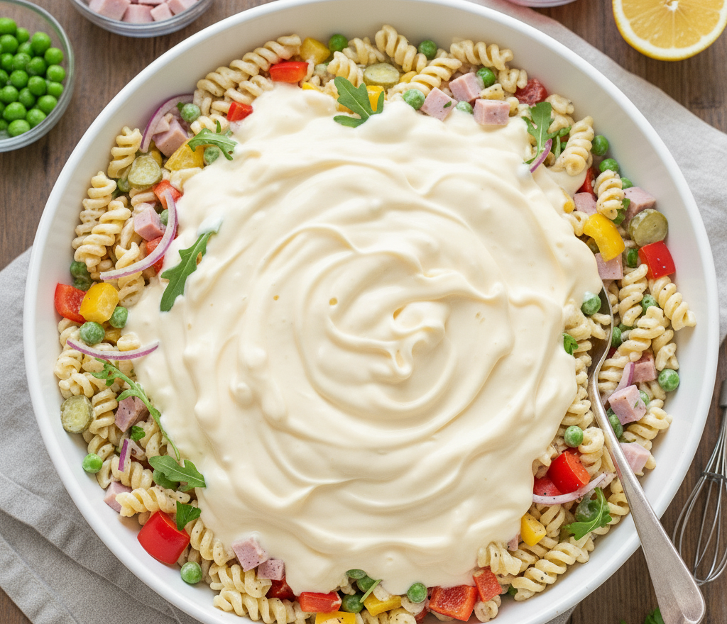 Domowa sałatka makaronowa z szynką i warzywami