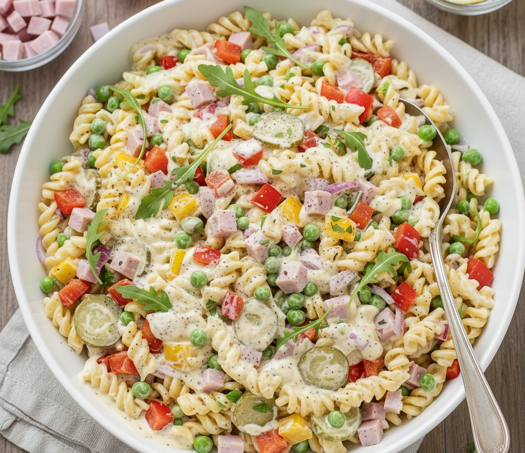 Domowa sałatka makaronowa z szynką i warzywami