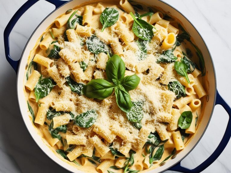 Makaron z sosem serowym i szpinakiem
